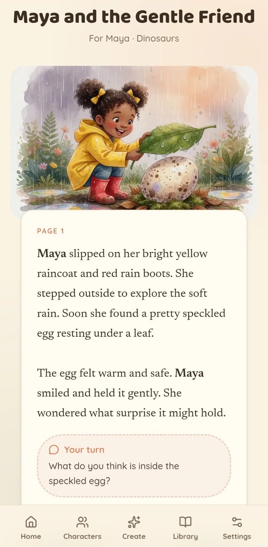 A Cozy Fables story page personalized for Maya, with an illustration and a read-aloud prompt